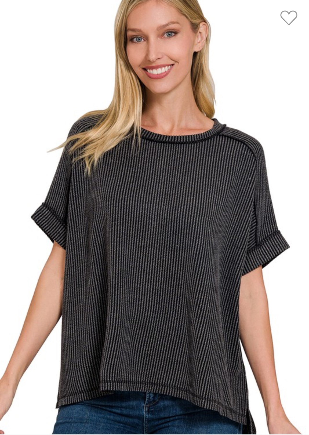 Charcoal Corded Ribbed Swoop Neck Short Sleeve Top