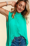 Jade Smocked Mock Neck Pleated Accordion Woven Top