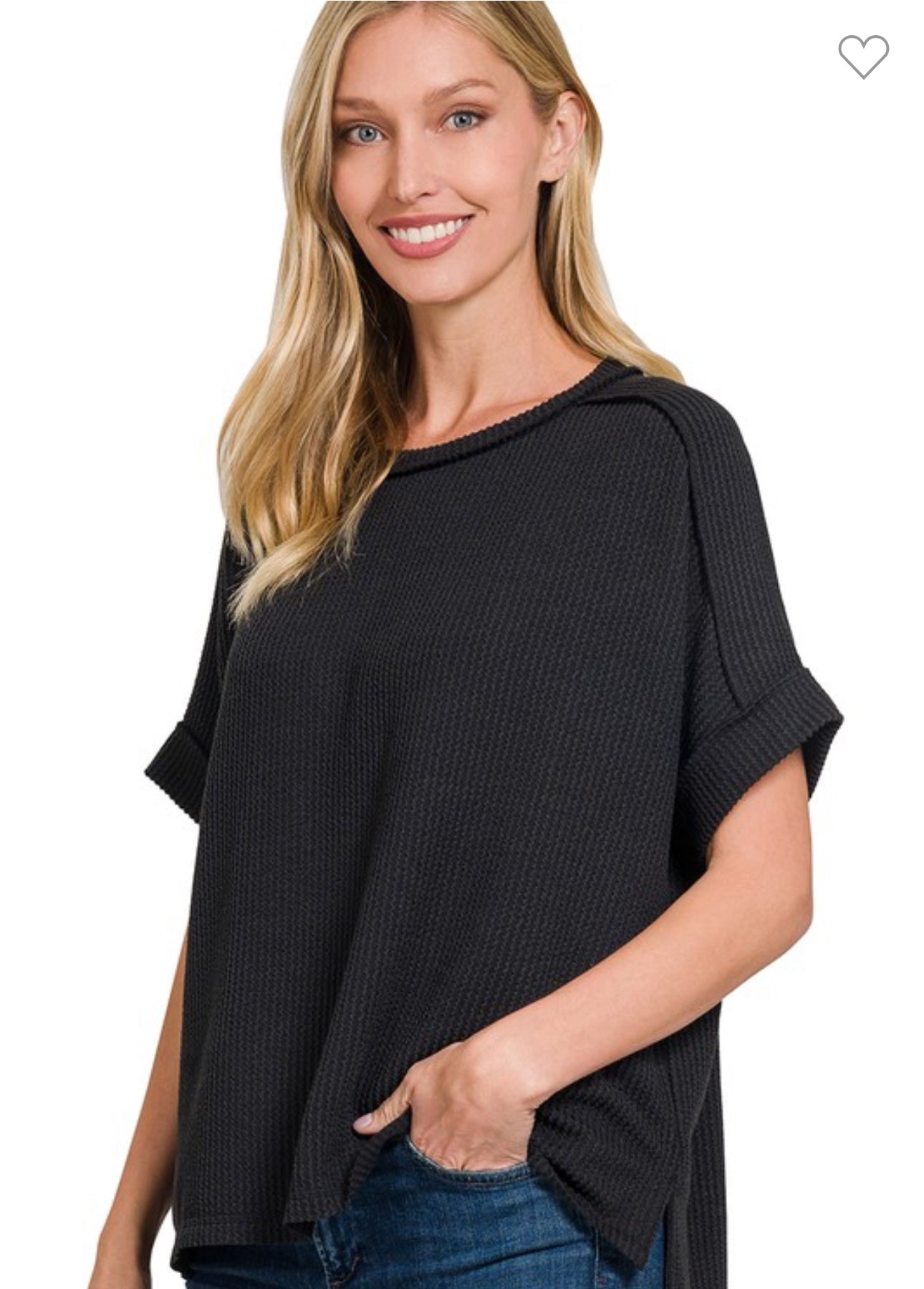 Black Corded Ribbed Swoop Neck Short Sleeve Top