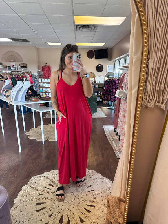 Ruby Red V-Neck Maxi Dress W/Pockets