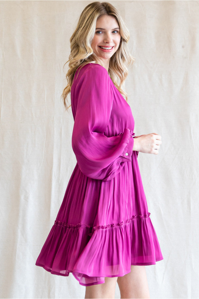 Magenta Pink Tulip Ruffle V-Neck Dress