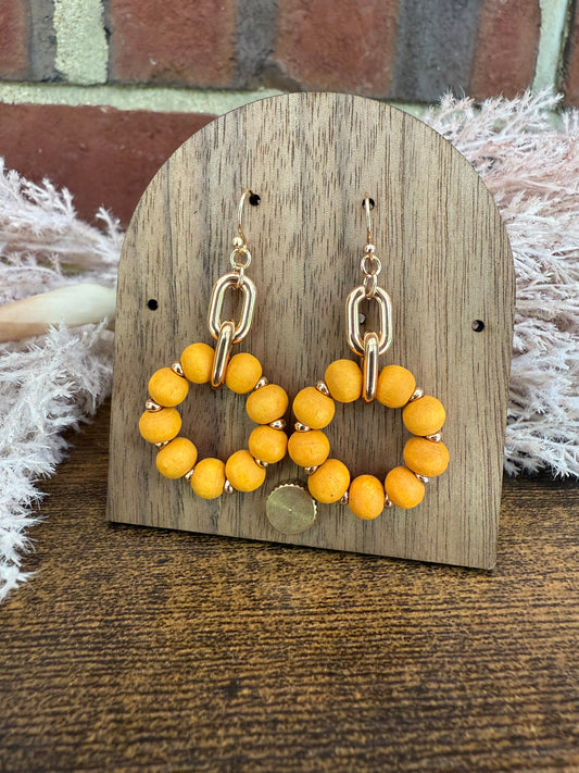 Brown Wood Beaded Hoop and Chain Link Drop Earrings