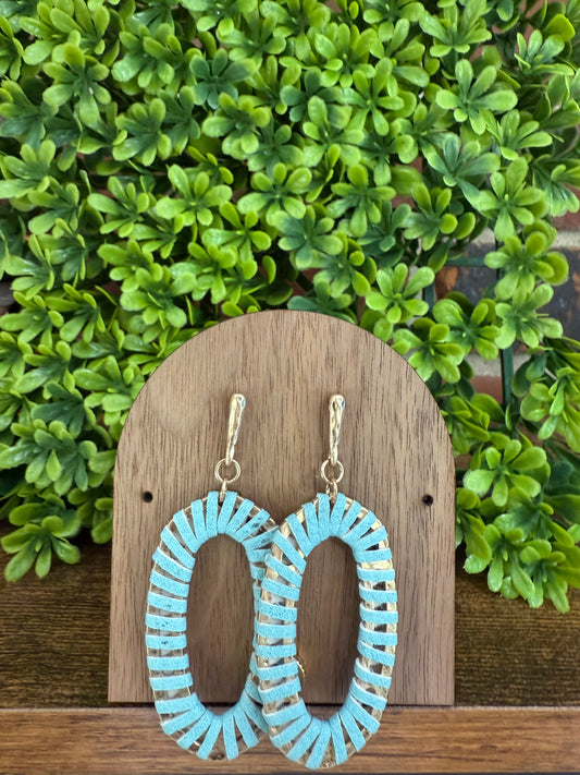 Teal Leather Wrapped Oval Drop Earrings