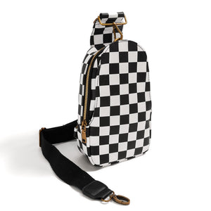 Black Vegan Leather Checkered Sling Bag With Side Adjustable Strap Crossbody Bag