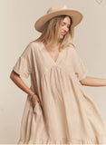 Sarah Taupe Nude Striped Oversized V-Neck Babydoll Dress