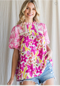 Bella Fuchsia Pink Floral Embroidered Yoke Top