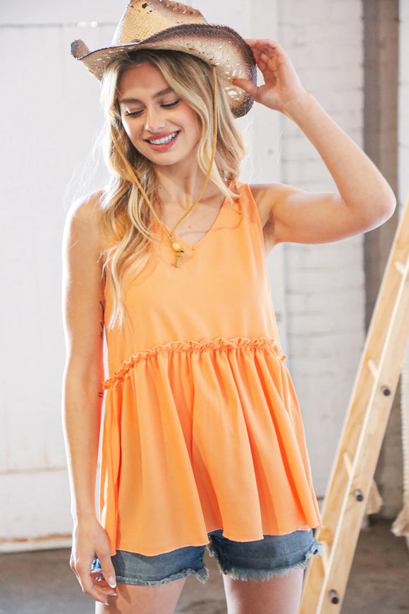 Peach Orange Frill Sleeveless Tank Top