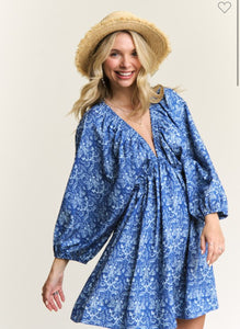 Denim Blue Paisley V-Neck Boho Dress