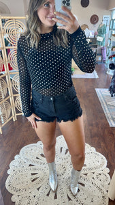 Nashville’s Callin’ Black Mesh Rhinestone Long Sleeve Bodysuit