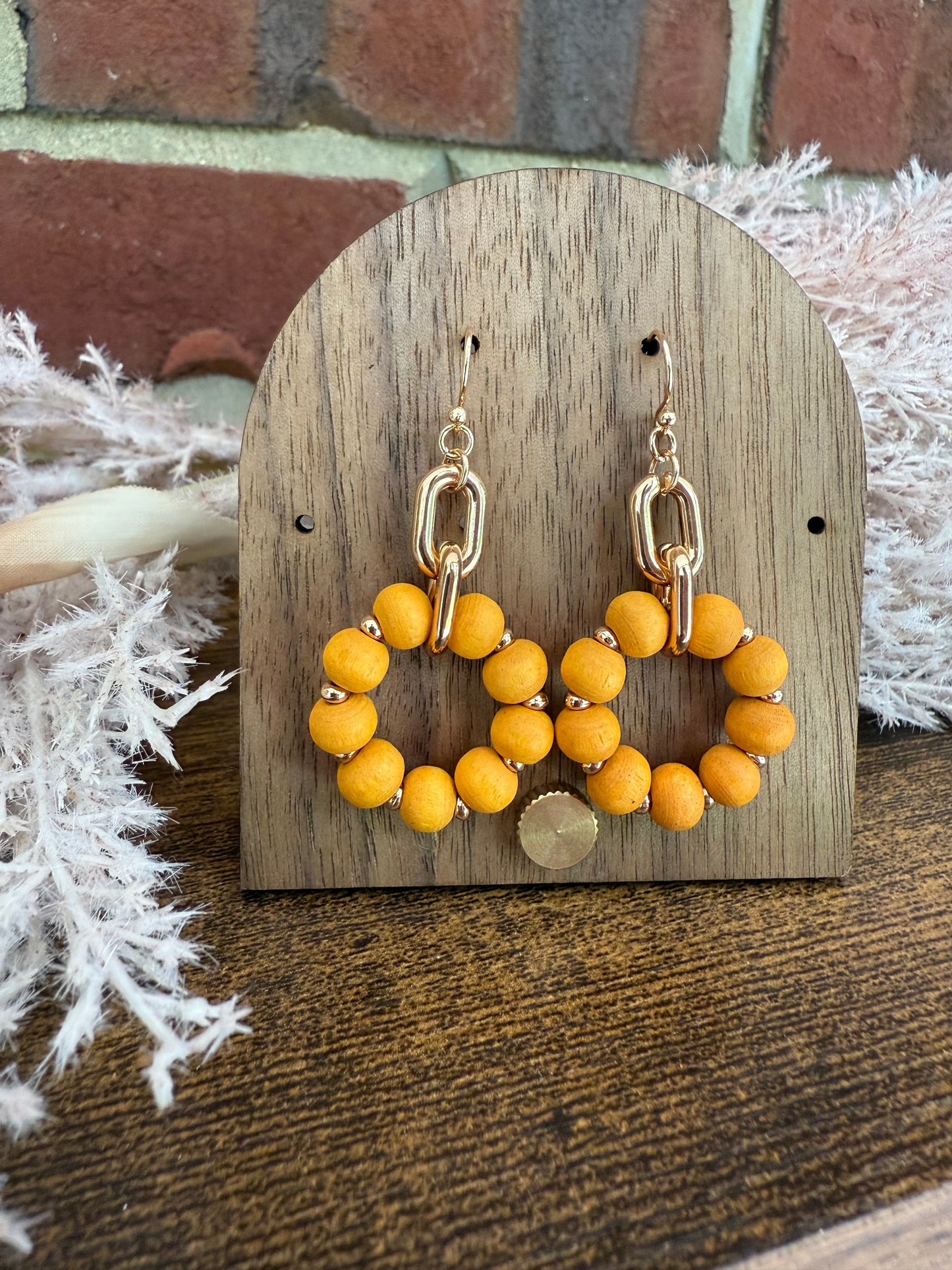 Brown Wood Beaded Hoop and Chain Link Drop Earrings