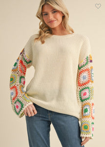 Ivory Floral Crochet Knit Wide Sleeve Sweater