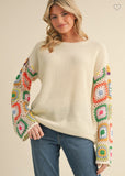 Ivory Floral Crochet Knit Wide Sleeve Sweater