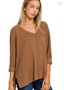 Deep Camel 3/4 Sleeve Jacquard Knit Top