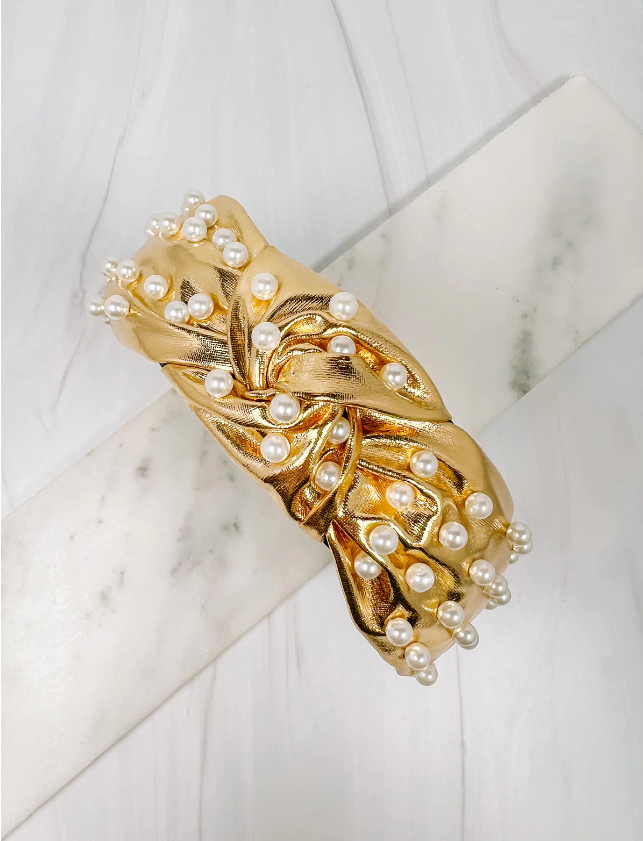 Sara Metallic Gold Pearl Knotted Twist Headband