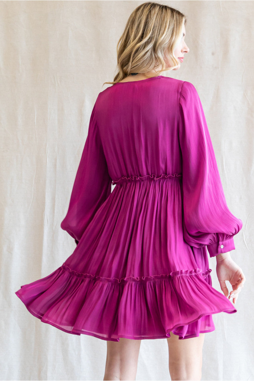 Magenta Pink Tulip Ruffle V-Neck Dress