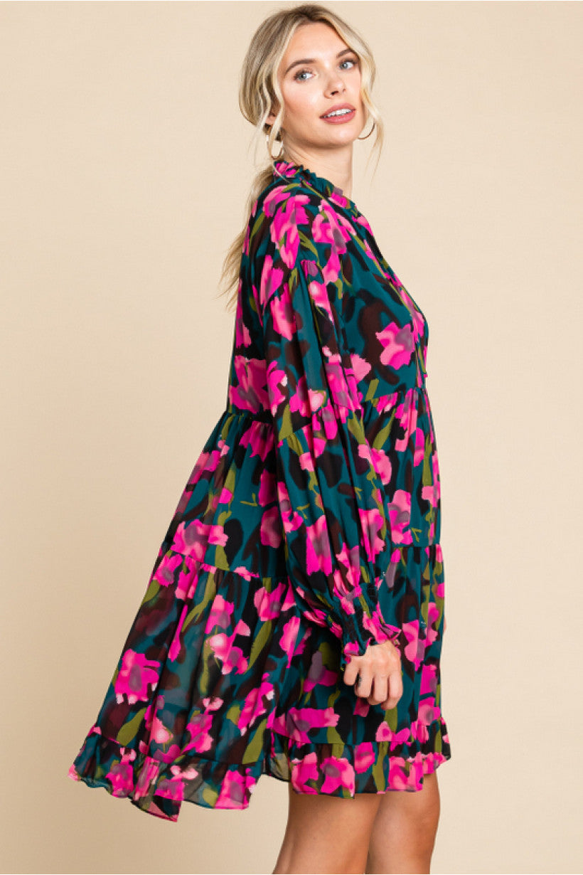 Leslie Hot Pink Floral Chiffon with Frilled Self-tie Neck Long Sleeve Dress