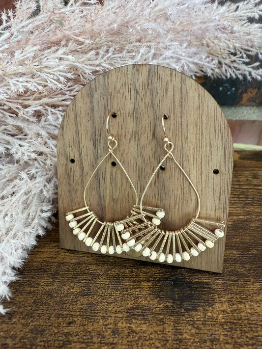 Ivory Fanned Metal Tone Teardrop Drop Earrings