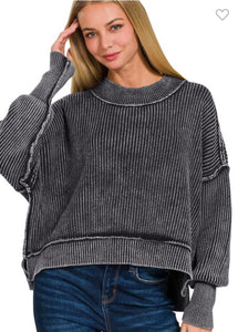 Black Washed Side Slit Oversized Cropped Sweater