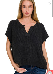 Black Rolled Spilt Sleeve Side Slit Pullover Sweater Top