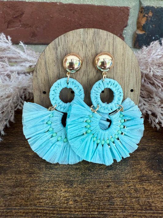 Green Fanned Raffia Post Drop Earrings
