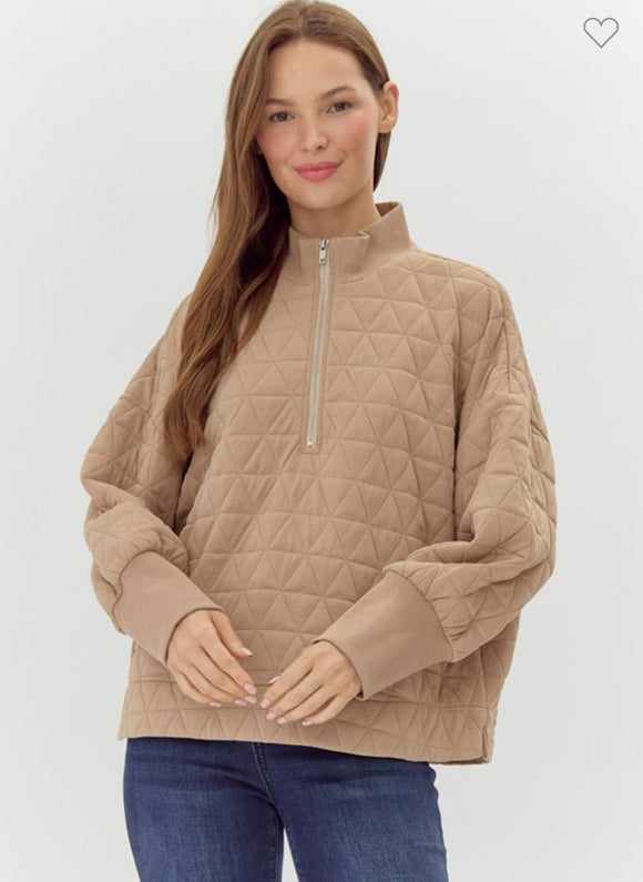 Kelley Taupe Tan Quilted Texture Half Zip Pullover Jacket