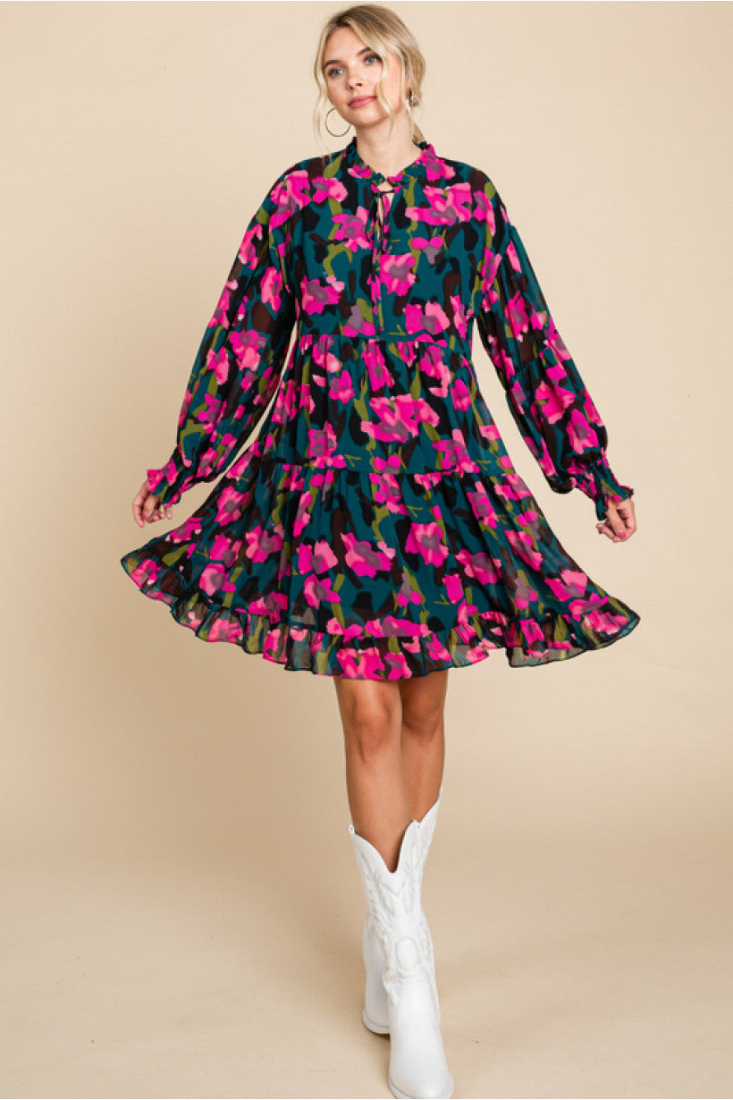 Leslie Hot Pink Floral Chiffon with Frilled Self-tie Neck Long Sleeve Dress