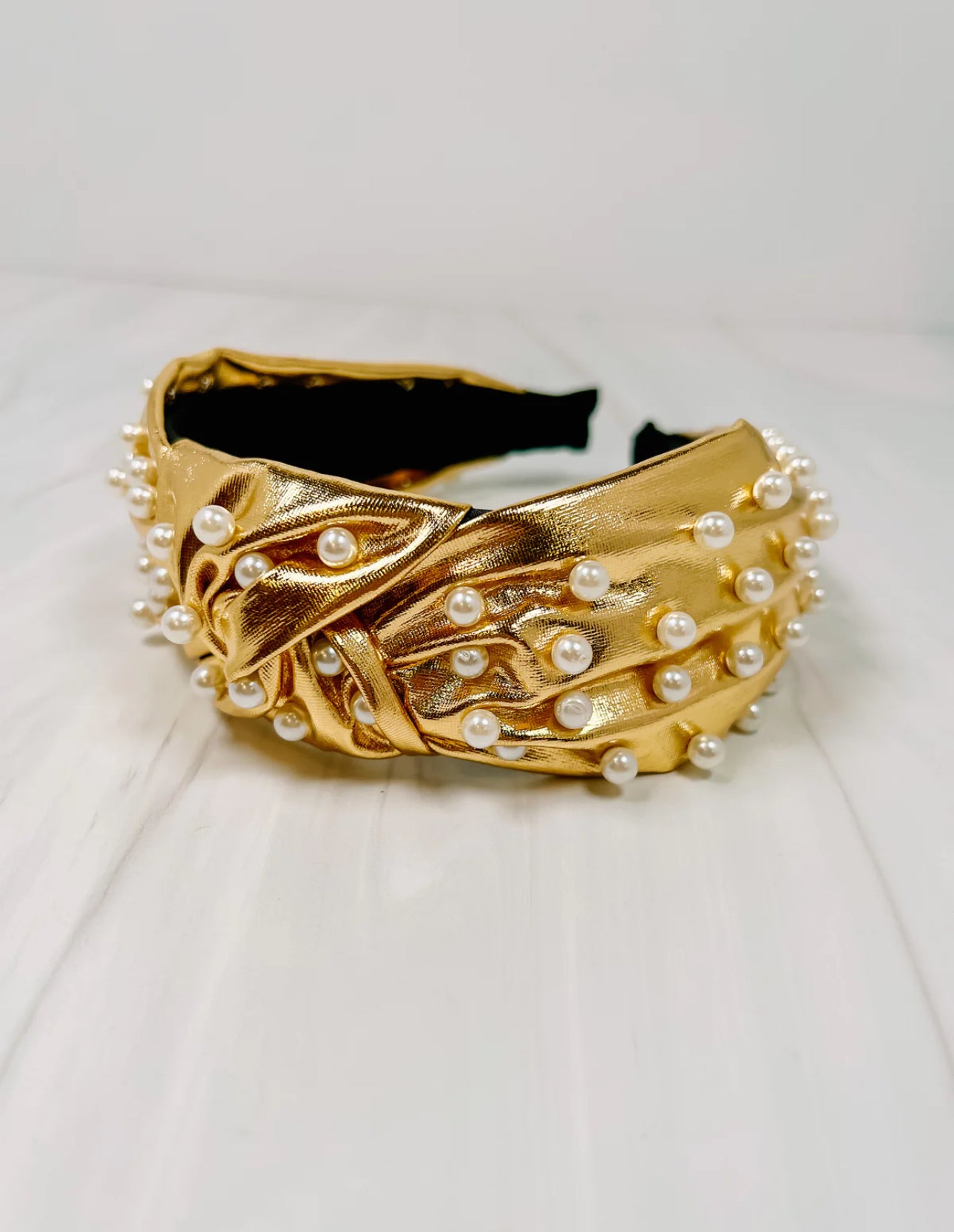 Sara Metallic Gold Pearl Knotted Twist Headband