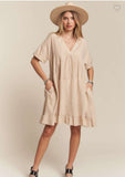 Sarah Taupe Nude Striped Oversized V-Neck Babydoll Dress