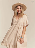 Sarah Taupe Nude Striped Oversized V-Neck Babydoll Dress