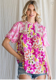 Bella Fuchsia Pink Floral Embroidered Yoke Top