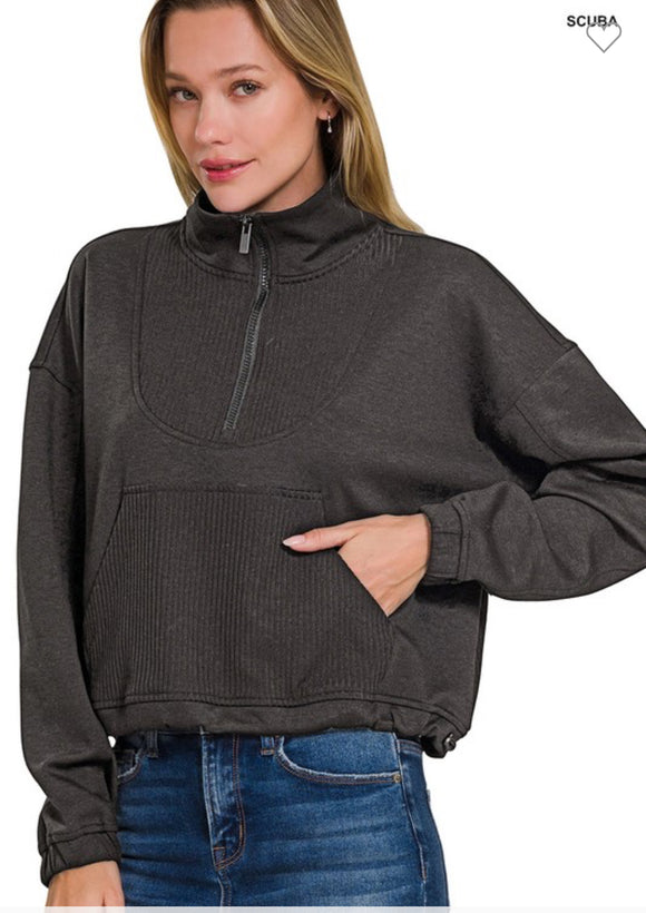 Black Scuba Ribbed Half Zip Pullover Sweatshirt