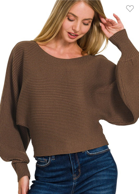 Brown Boat Neck Balloon Sleeve Sweater