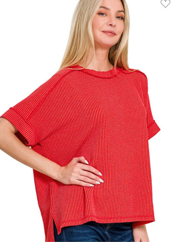 Ruby Red Corded Ribbed Short Sleeve Top