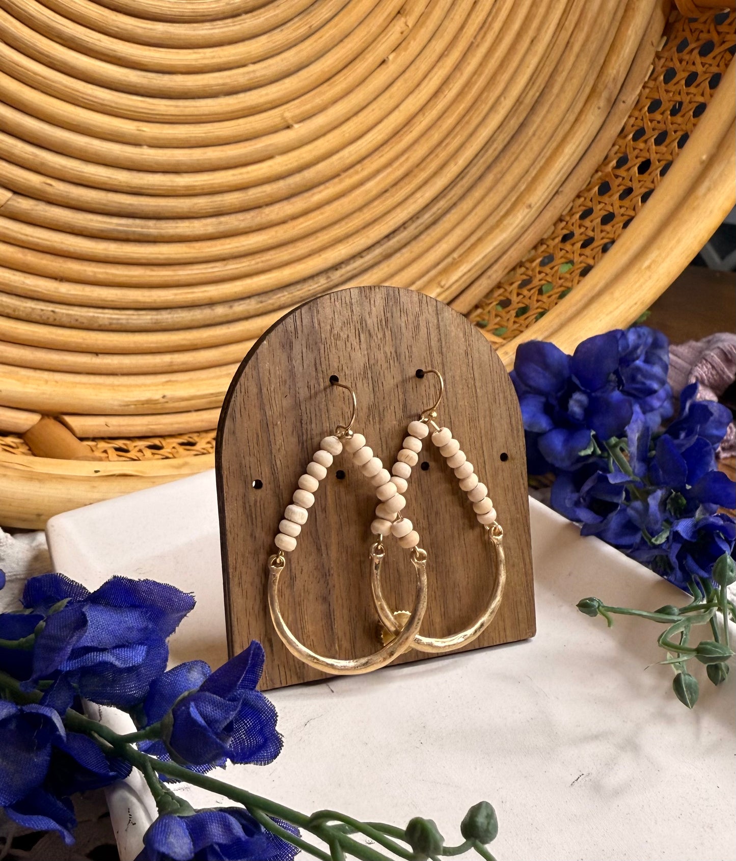 Ivory Wood Beaded & Hammered Metal Teardrop Drop Earrings