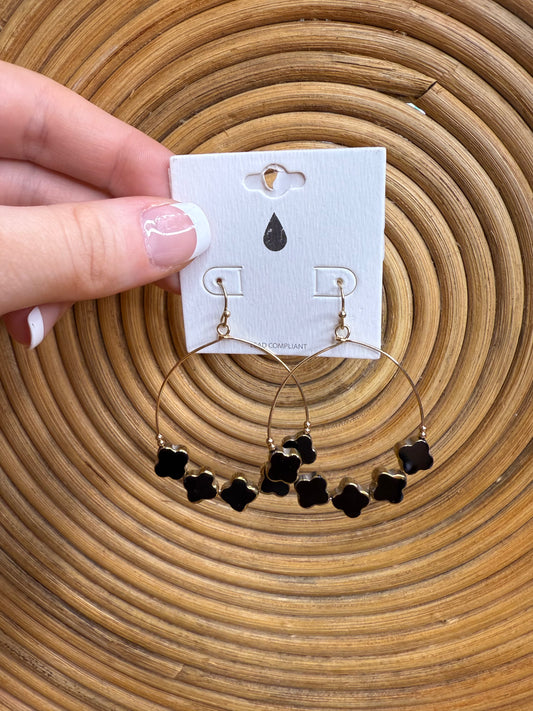 Black Glass Crystal Clover Beaded Loop Drop Earrings