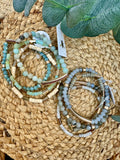 Gray/Mint Natural Stone, Wood, and Metal Tone Beads Mixed Media Beaded Stretch Bracelets