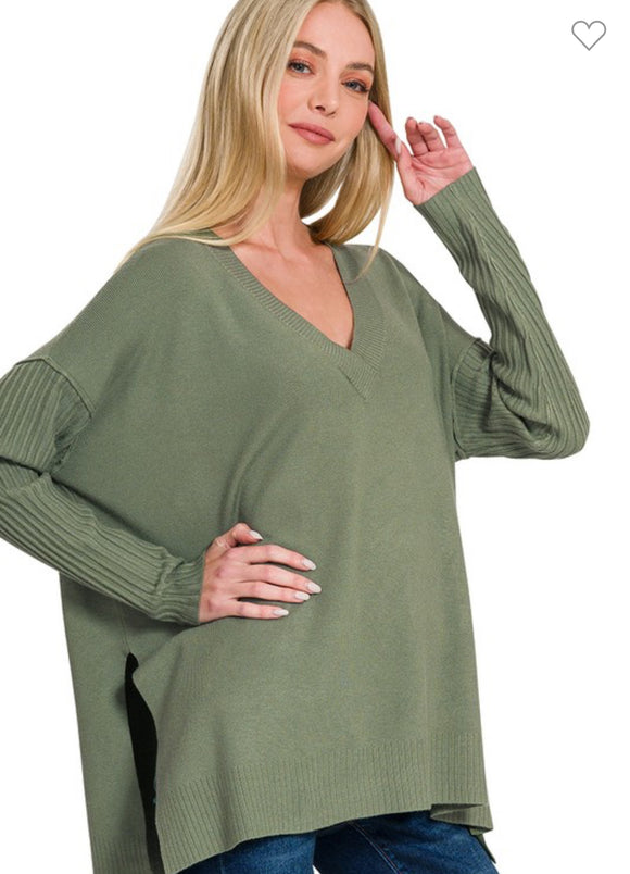 Light Olive Green Viscose Ribbed V-Neck Sweater