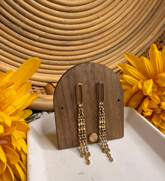 Gold Tone Metal Oval Post With Ball Chain Tassels Drop Earrings