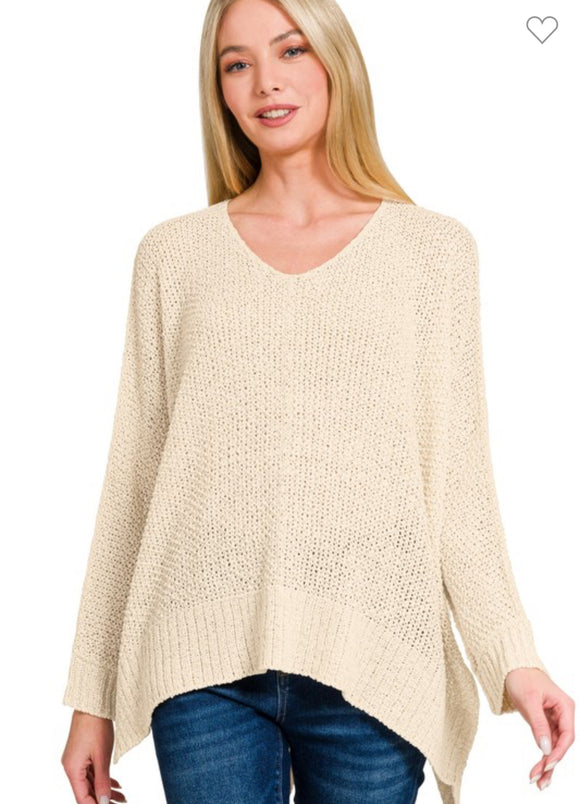 Beige White Dolman Sleeve V-Neck Sweater