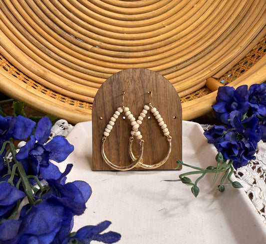 Ivory Wood Beaded & Hammered Metal Teardrop Drop Earrings
