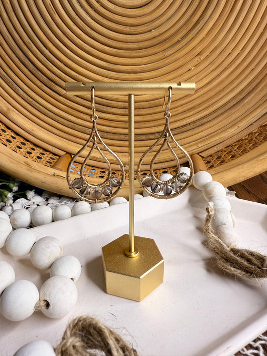Gray & Gold Concentric Beaded Teardrop Drop Earrings