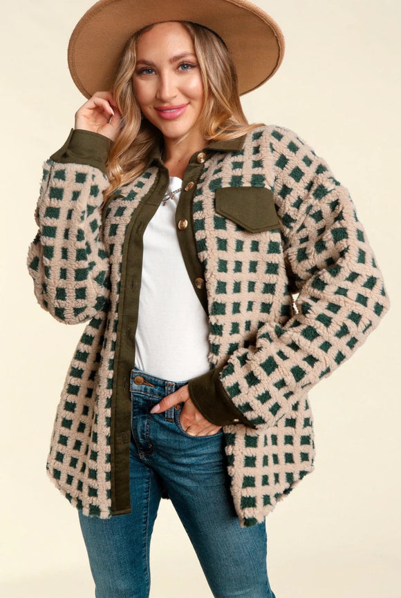 Lillian Taupe & Olive Sherpa Checker Pattern  Shacket With Side Pockets