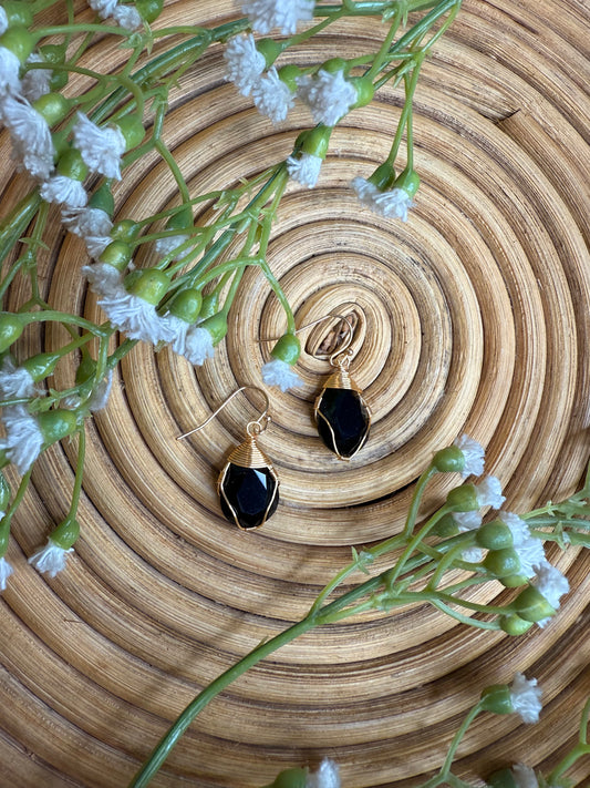 Black Wire Wrapped Glass Crystal Drop Earrings
