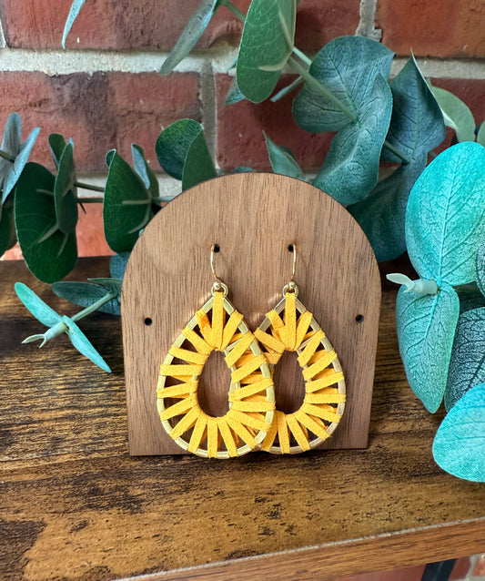 Mustard Yellow Vegan Leather Wrapped Teardrop Drop Earrings