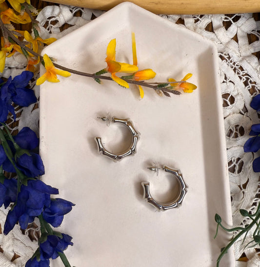 Silver Chunky Metal Tone Bamboo Hoop Earrings