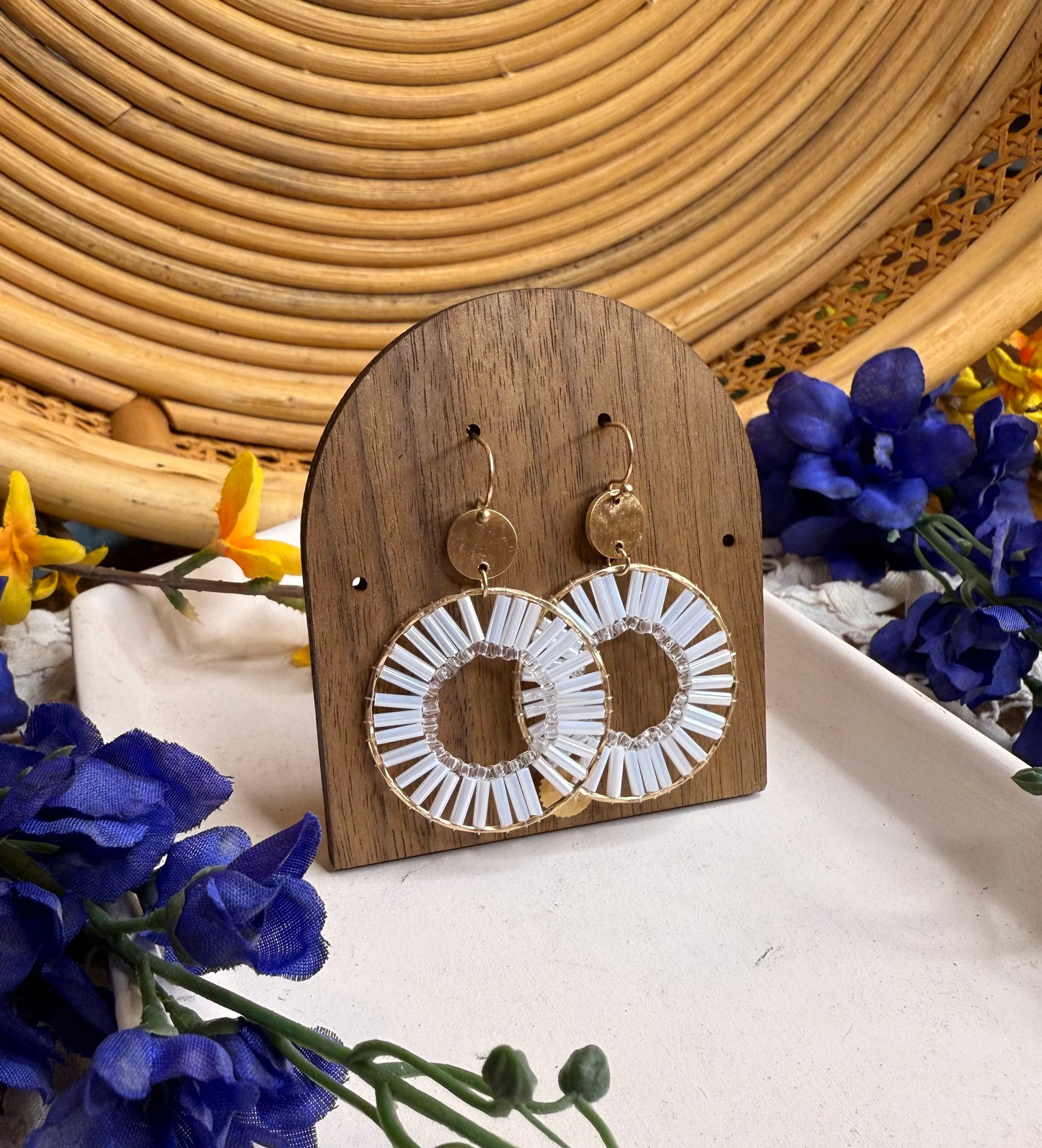 White Beaded Hoop Drop Earrings