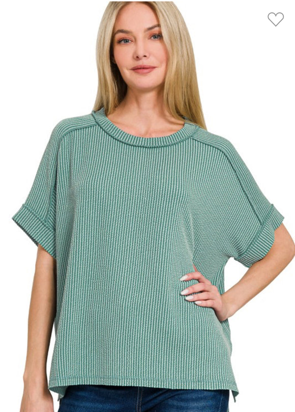 Jade Green Corded Ribbed Short Sleeve Top