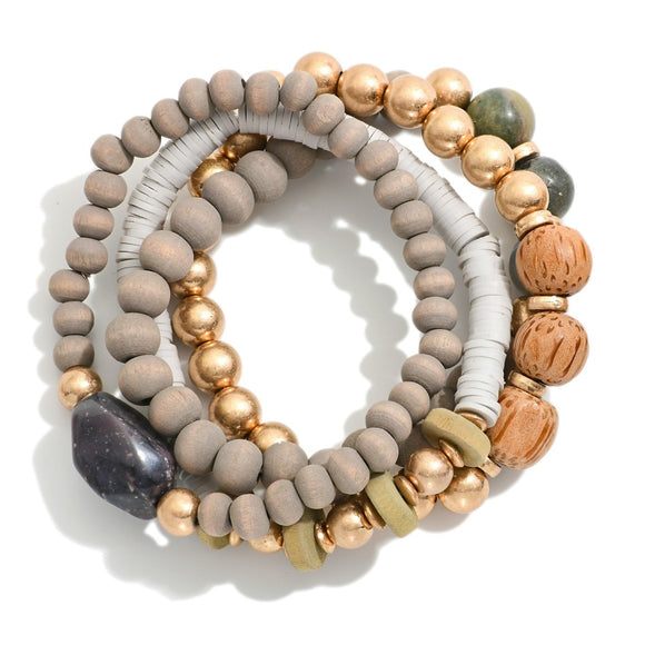 Gray/Teal Wood, Natural Stone, and Heishi Beaded Stretch Bracelets