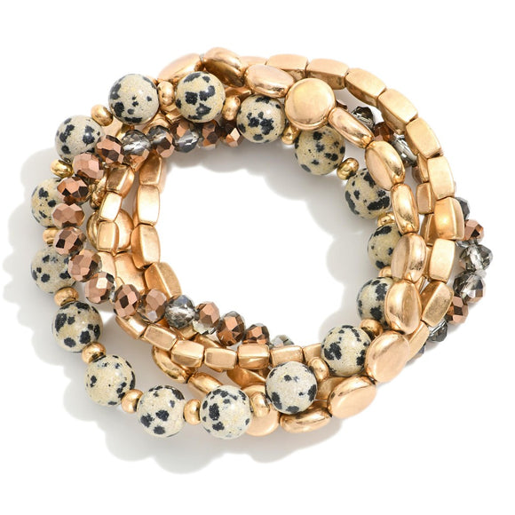 Dalmatian Gold Natural Stone Beads, Faceted Glass Beads, and Gold Tone Metal Beaded Stretch Bracelets