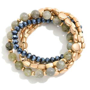 Gray & Navy Natural Stone Beads, Faceted Glass Beads, and Gold Tone Metal Beaded Stretch Bracelets